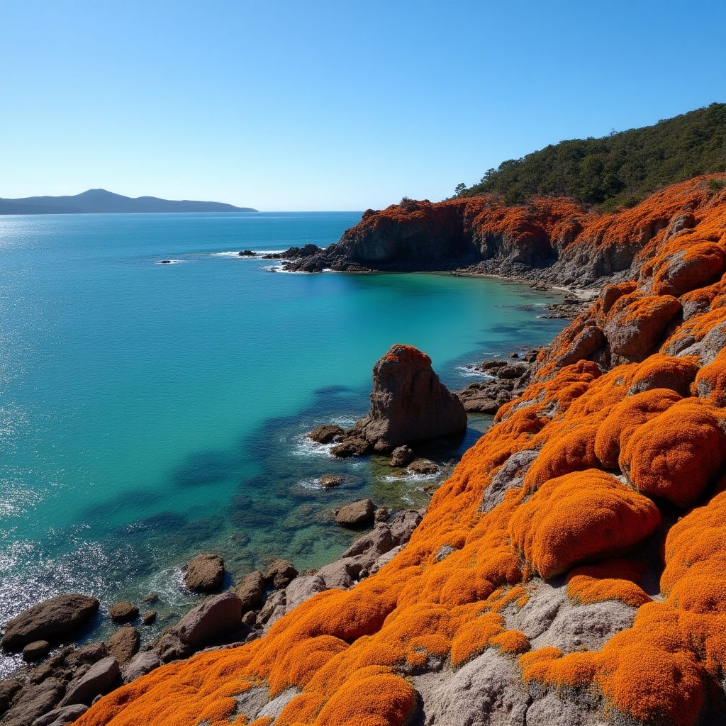 Dramatic Tasmanian coastline with orange lichen rocks