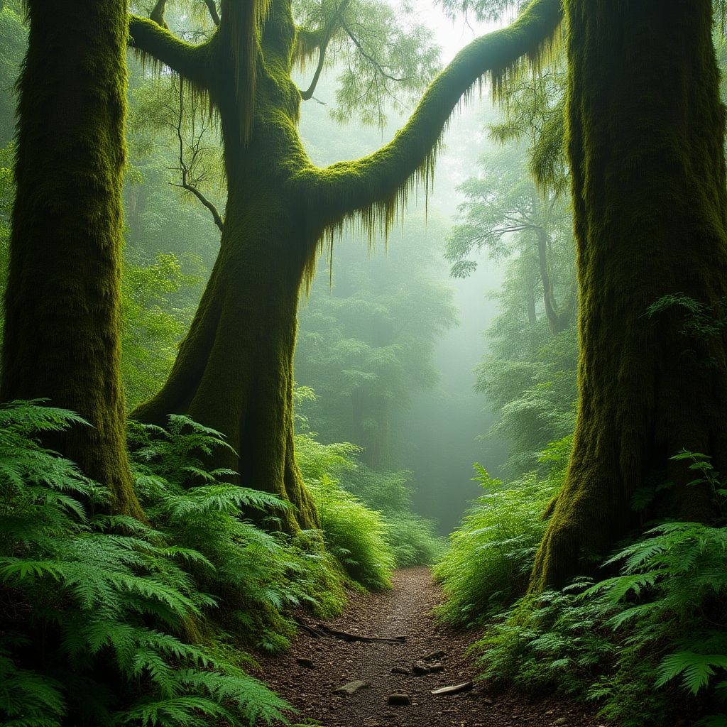 Ancient Tasmanian forest with moss-covered trees